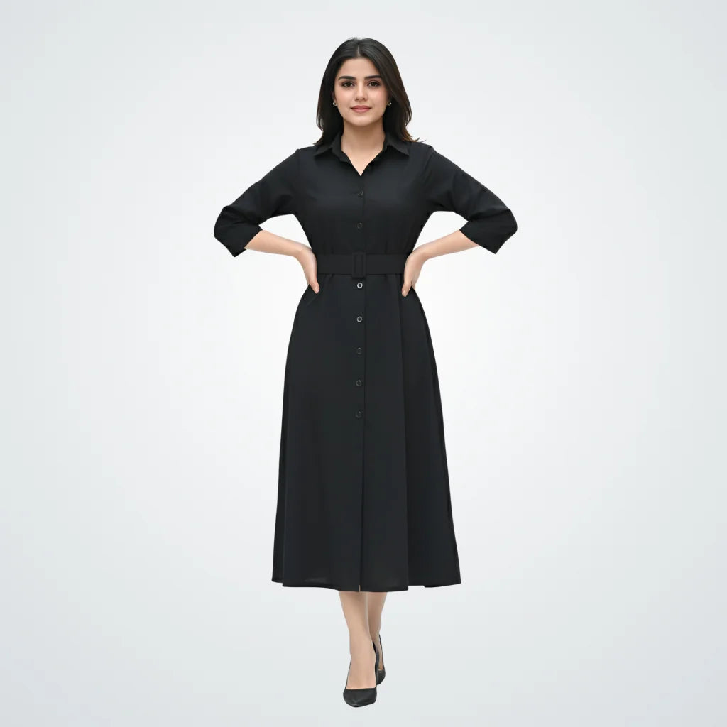 Signature Belted A-Line Shirt Dress - Classic Black