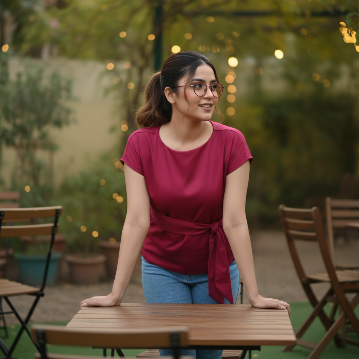 Berry Waist-Tie Casual Top