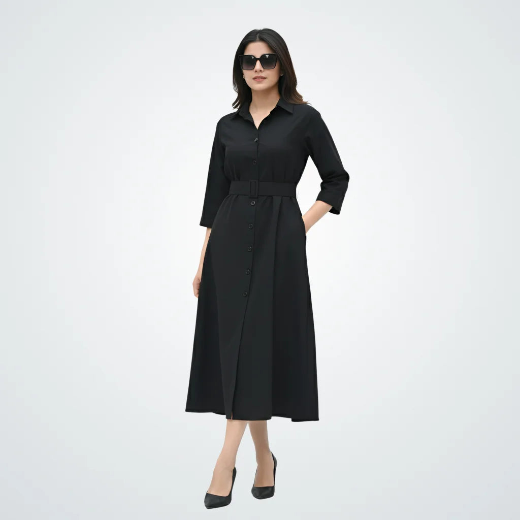 Signature Belted A-Line Shirt Dress - Classic Black