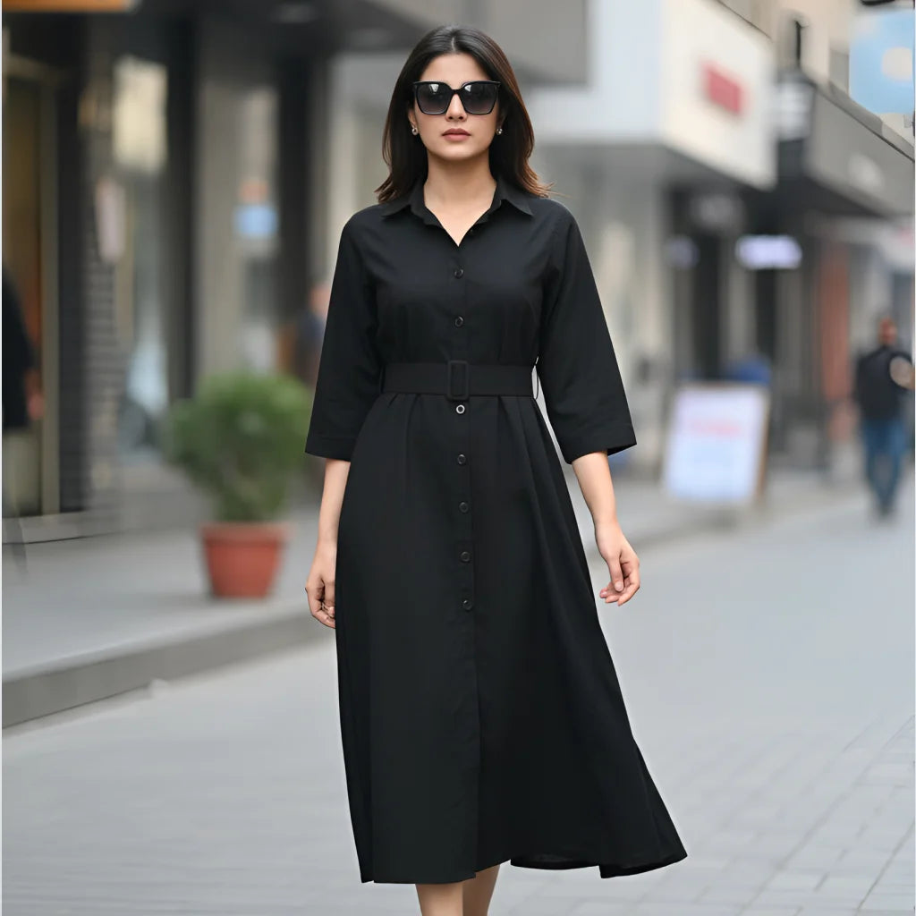 Signature Belted A-Line Shirt Dress - Classic Black