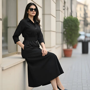 Signature Belted A-Line Shirt Dress - Classic Black